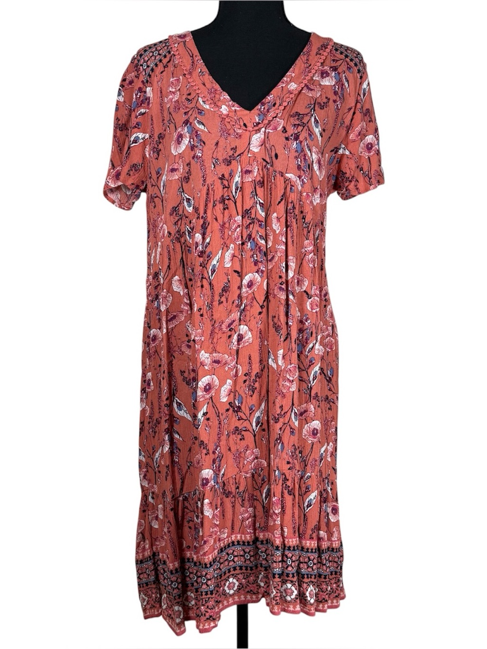 Short Sleeve V Neck Baby Doll Dress S Floral Rose Pink Peasant Cottagecore Boho